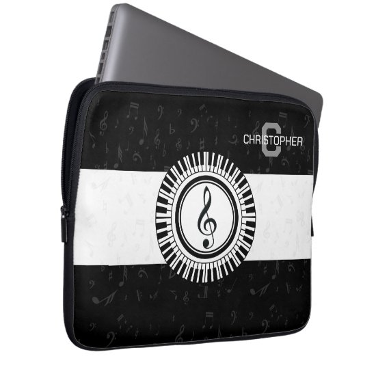 Monogram and name treble clef in piano keys laptop sleeve