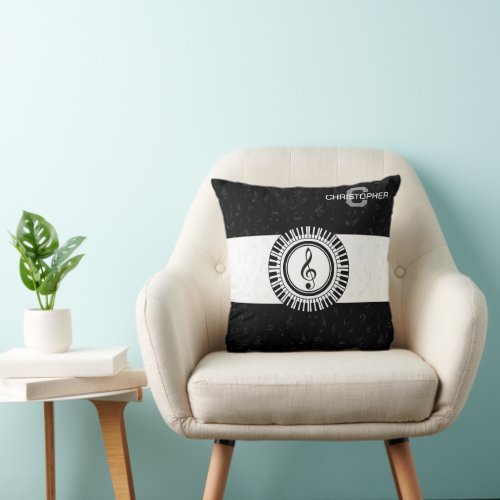 Monogram and name treble clef in piano keys throw pillow