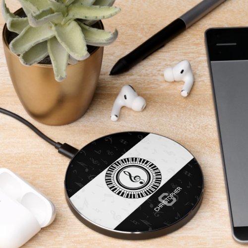Monogram and name treble clef in piano keys wireless charger 
