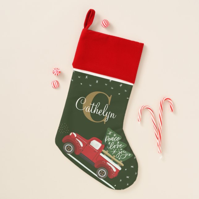 Monogram and Name Vintage truck Christmas Stocking (Front)