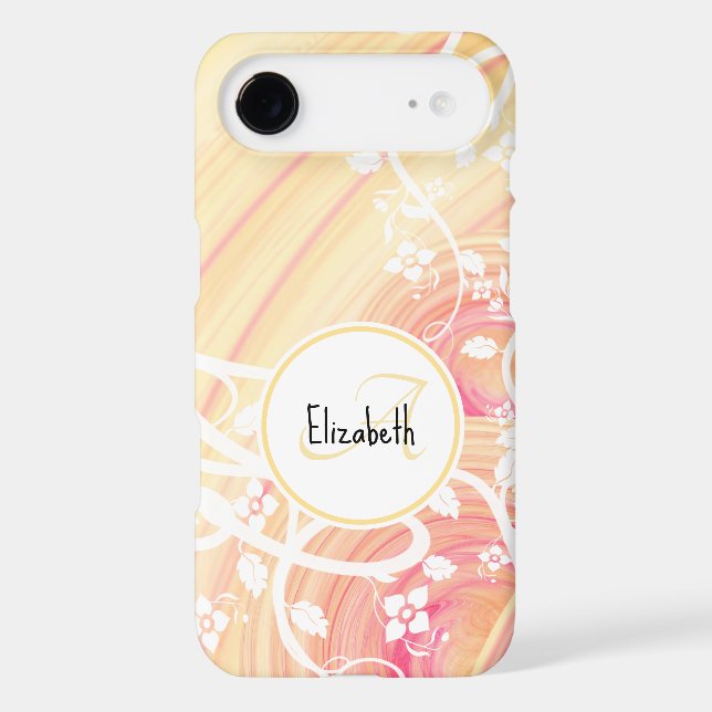 Monogram and Name White Floral on Pink & Peach iPhone Case (Back)