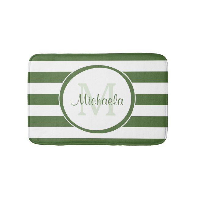 Monogram and Name With Trendy Even Green Stripes Bathroom Mat (Front)
