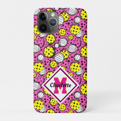 Monogram and name yellow pickleballs on pink iPhone 11 pro case