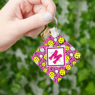 Monogram and name yellow pickleballs on pink keychain