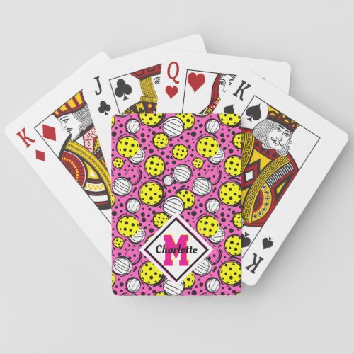Monogram and name yellow pickleballs on pink playing cards
