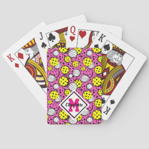 Monogram and name yellow pickleballs on pink poker cards