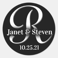 Monogram and Names Black and White Classic Round Sticker