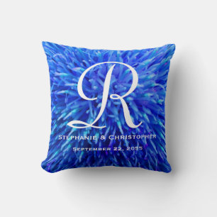 Monogram and Names Blue Abstract Floral Square Throw Pillow