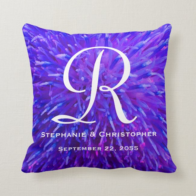 Monogram and Names Purple Abstract Floral Pillow