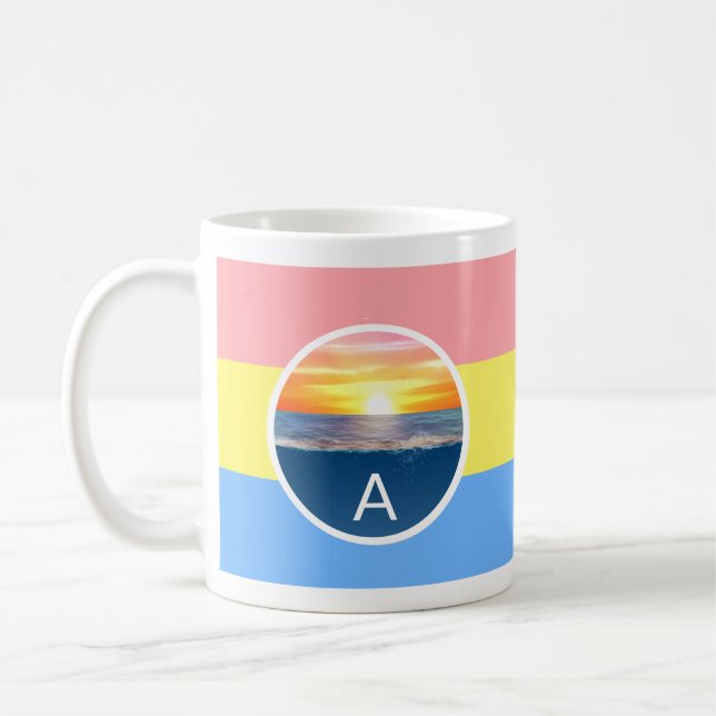 Monogram and Ocean Sunrise on Pastel Colors Coffee Mug (Left)