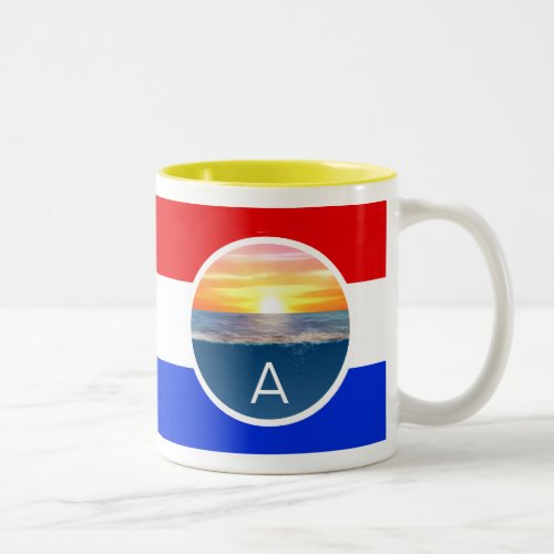 Monogram and Ocean Sunrise with Stripes Two_Tone Coffee Mug