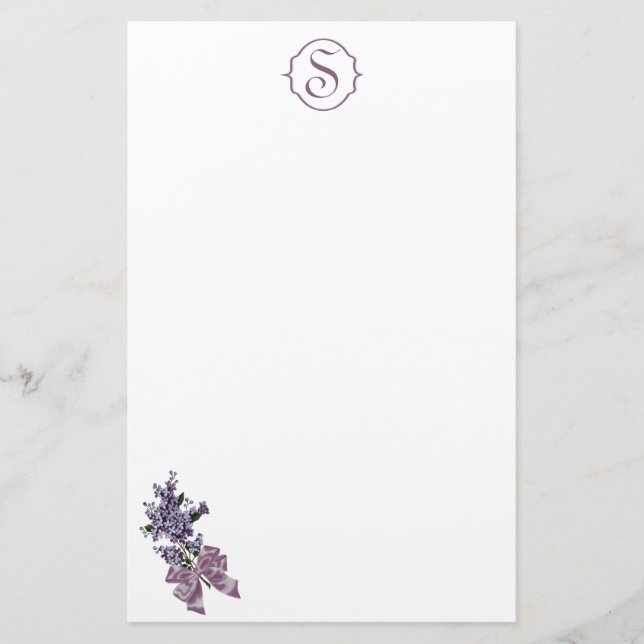 Monogram and Purple Lilac Spray with Ribbon Bow Stationery (Front)