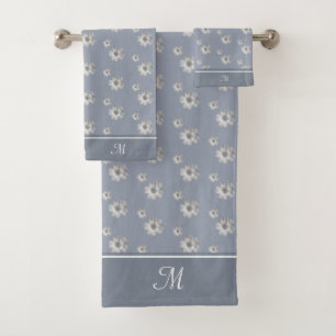 Monogram and Silver Gray Flowers on Steel Blue Bath Towel Set