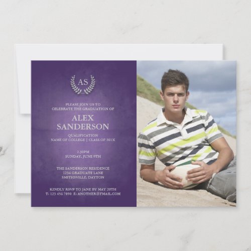 Monogram and Silver Laurel Wreath Graduation Invitation