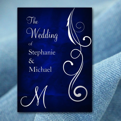 Monogram and Swirl on Blue Silver Wedding Foil Invitation