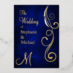 Monogram and Swirl on Blue Wedding Gold Foil Invitation