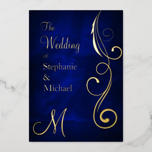 Monogram and Swirl on Blue Wedding Gold Foil Invitation
