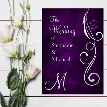 Monogram And Swirl On Purple Silver Wedding Foil Invitation by Westerngirl2 at Zazzle