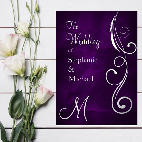 Monogram and Swirl on Purple Silver Wedding Foil Invitation