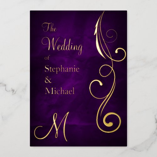 Monogram and Swirl on Purple Wedding Gold Foil Foil Invitation