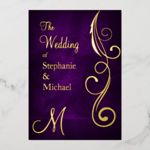 Monogram and Swirl on Purple Wedding Gold Foil Invitation