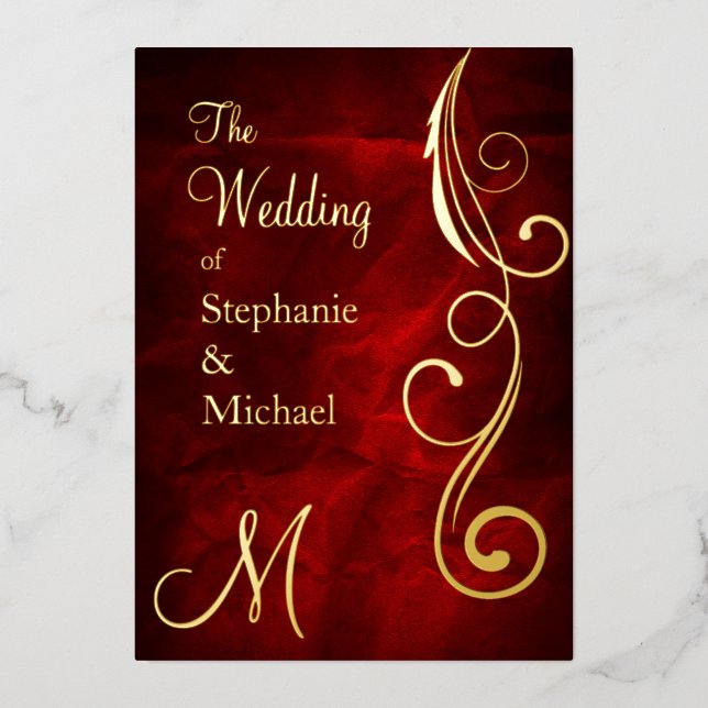 Monogram and Swirl on Red Wedding Gold Foil Invitation (Front)