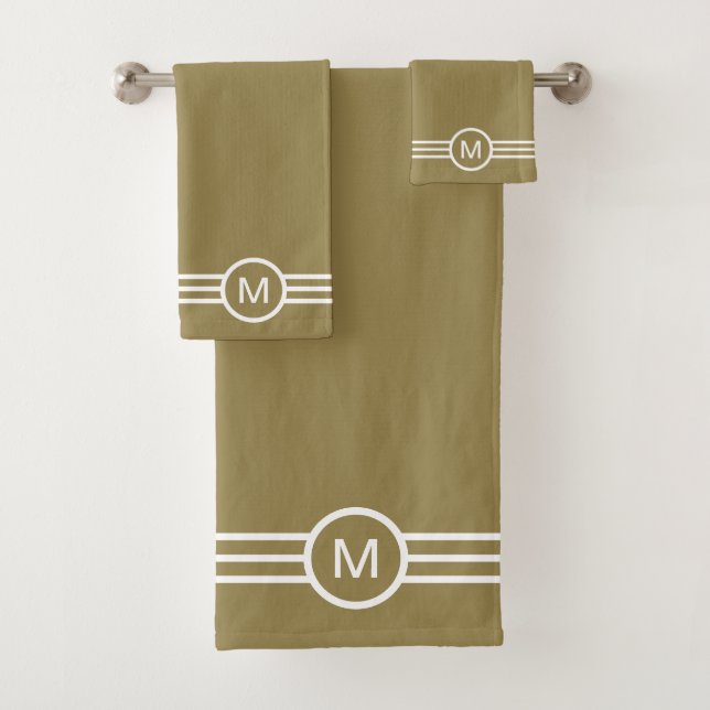Monogram and White Stripes on Lucky Beige Bath Towel Set (Insitu)
