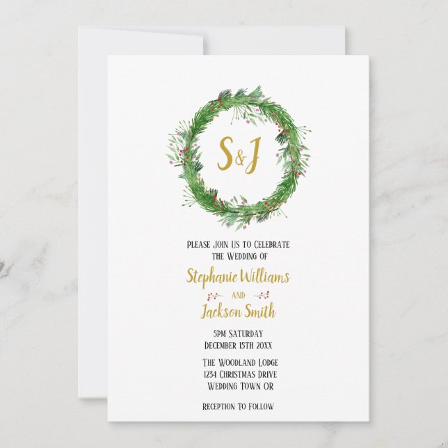 Monogram and Wreath  | Winter Greenery Wedding Invitation (Front)