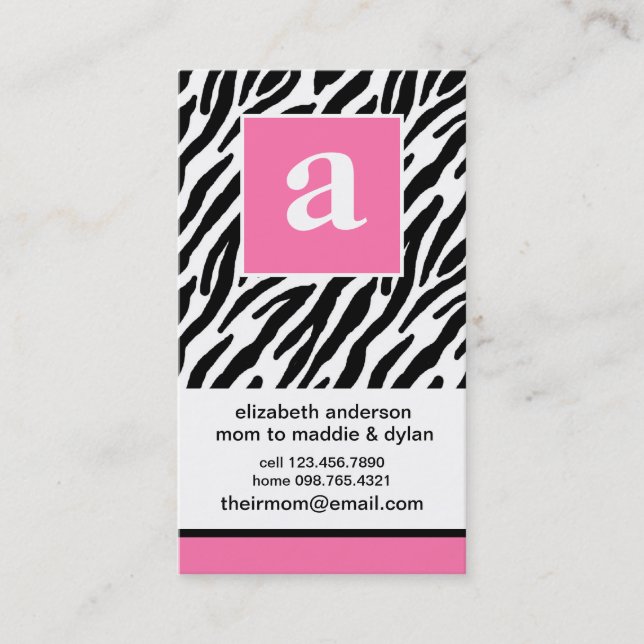 Monogram and Zebra Mommy Calling Cards (Front)