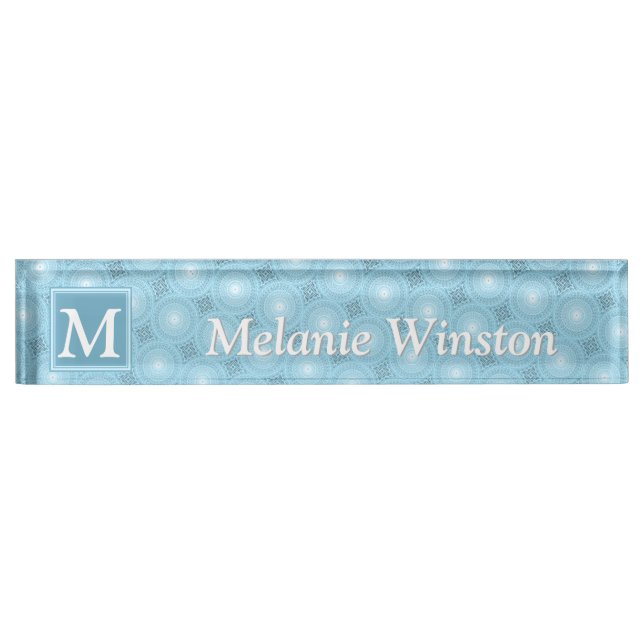Monogram angel blue circles pattern desk name plate (Front)