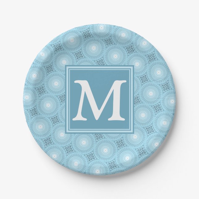Monogram angel blue circles pattern paper plates (Front)