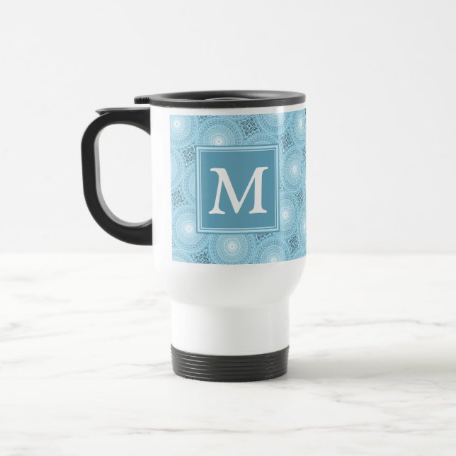 Monogram angel blue circles pattern travel mug (Left)