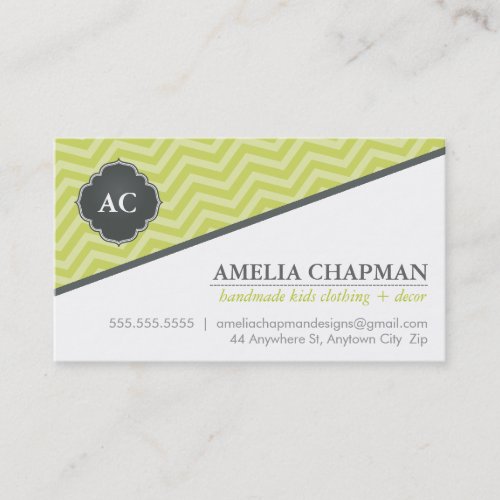 MONOGRAM angled chevron pattern kiwi green grey Business Cards