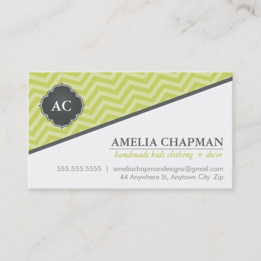 Customizable MONOGRAM angled chevron pattern kiwi green grey Business Cards