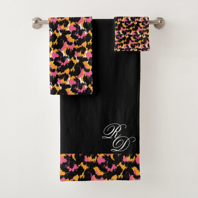 Monogram Animal Print Pink Orange Black Bath Towel Set (Insitu)
