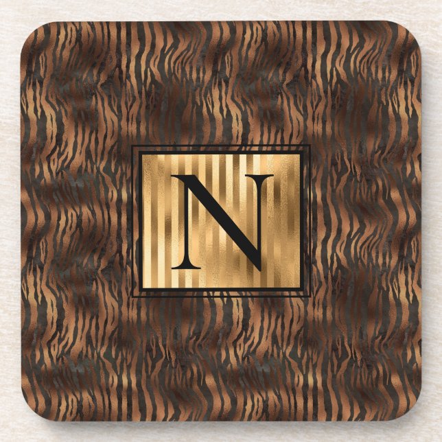 Monogram Animal Tiger Print Gold Elegant Metallic Beverage Coaster (Front)