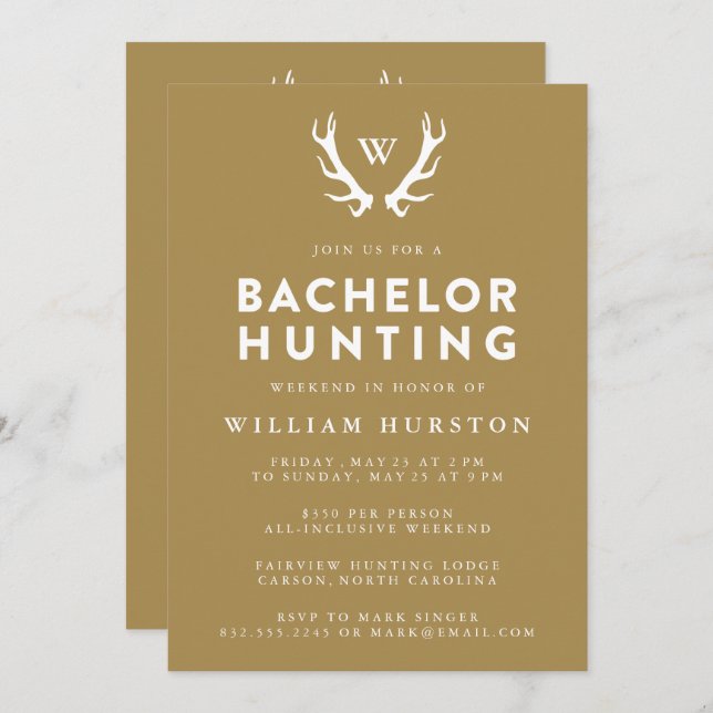 Monogram Antlers Hunting Bachelor Party Invitation (Front/Back)