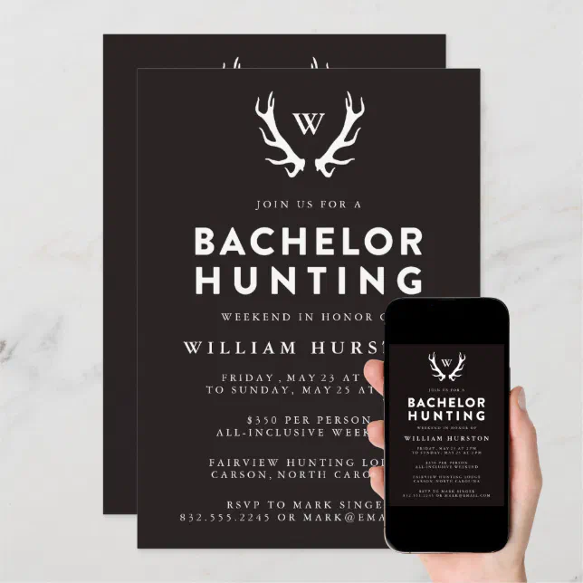 Monogram Antlers Hunting Bachelor Party Invitation Zazzle