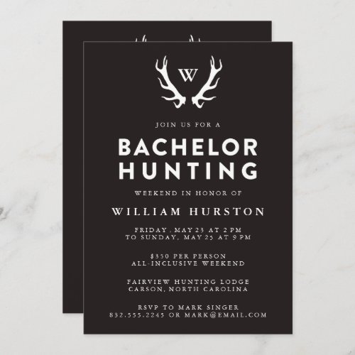 Monogram Antlers Hunting Bachelor Party Invitation