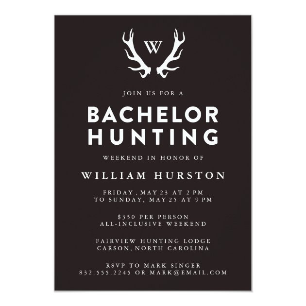 Monogram Antlers Hunting Bachelor Party Invitation