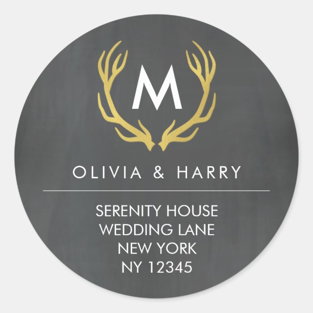 Monogram Antlers Wedding Return Address Stickers (Front)