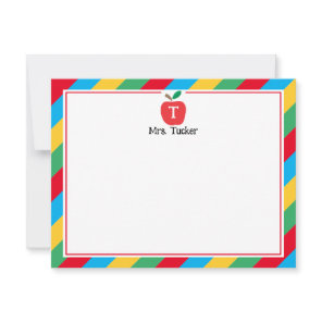 Monogram Apple Colorful Cute Teacher Stationery Note Card