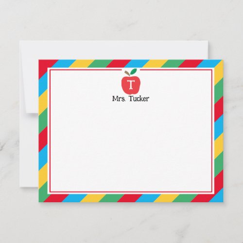 Monogram Apple Colorful Cute Teacher Stationery Note Card