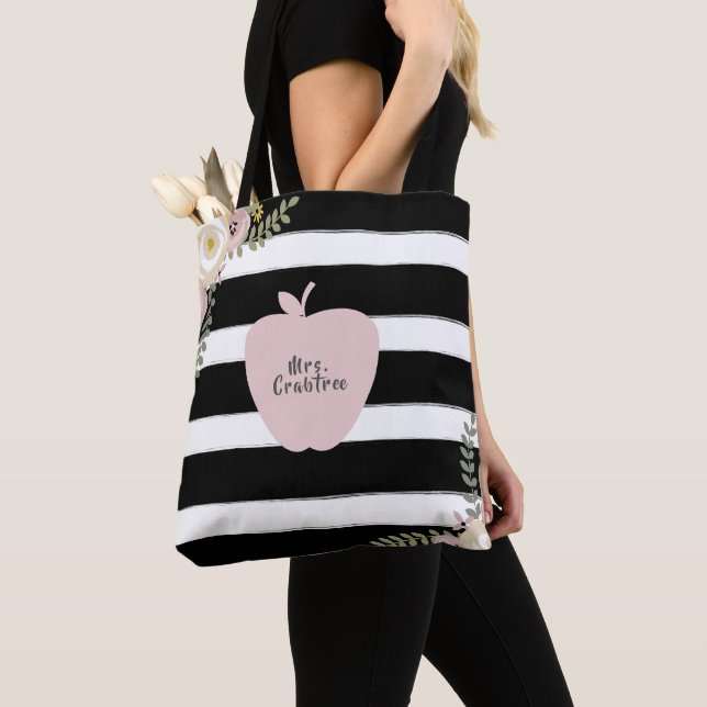 Monogram Apple Name Dusty Floral Black & White Tote Bag (Close Up)