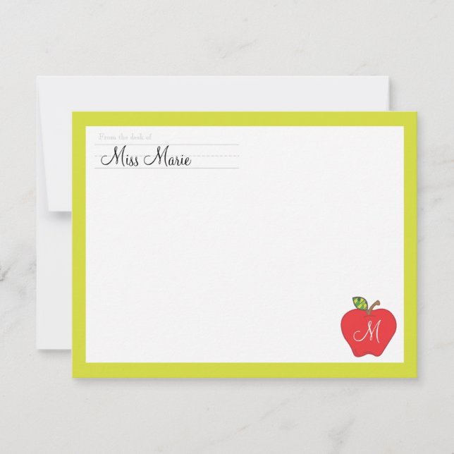 Monogram Apple Teachers Flat Note Card (Front)