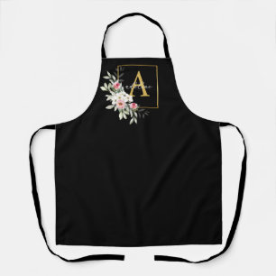Monogram Apron Black and Gold Peony Floral