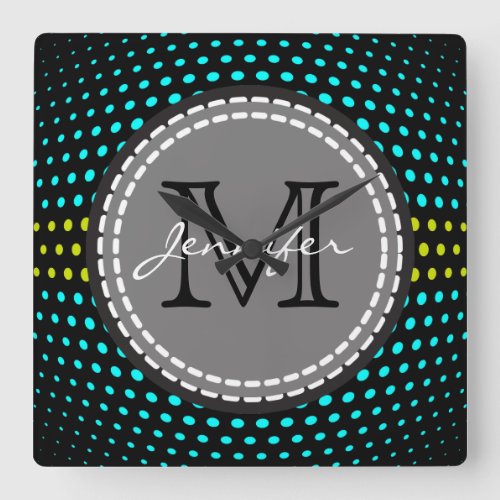 Monogram Aqua  Acid green Polka Dots Pattern Square Wall Clock