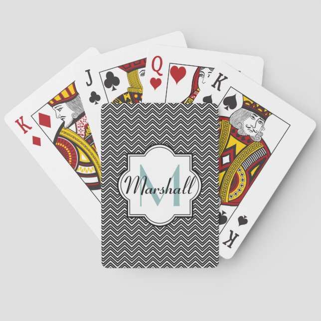 Monogram Aqua and Black Chevron Poker Cards (Back)