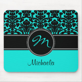 Monogram Aqua Black White Damask Mousepad