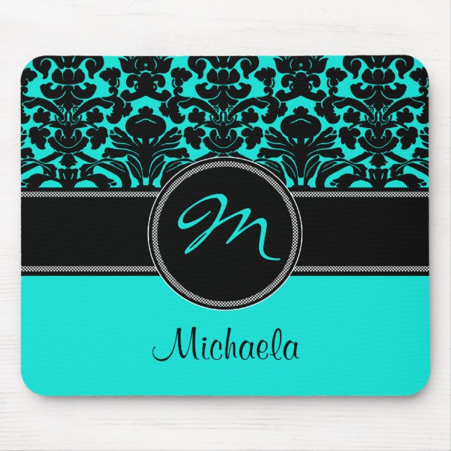 Monogram Aqua Black White Damask Mousepad (Front)